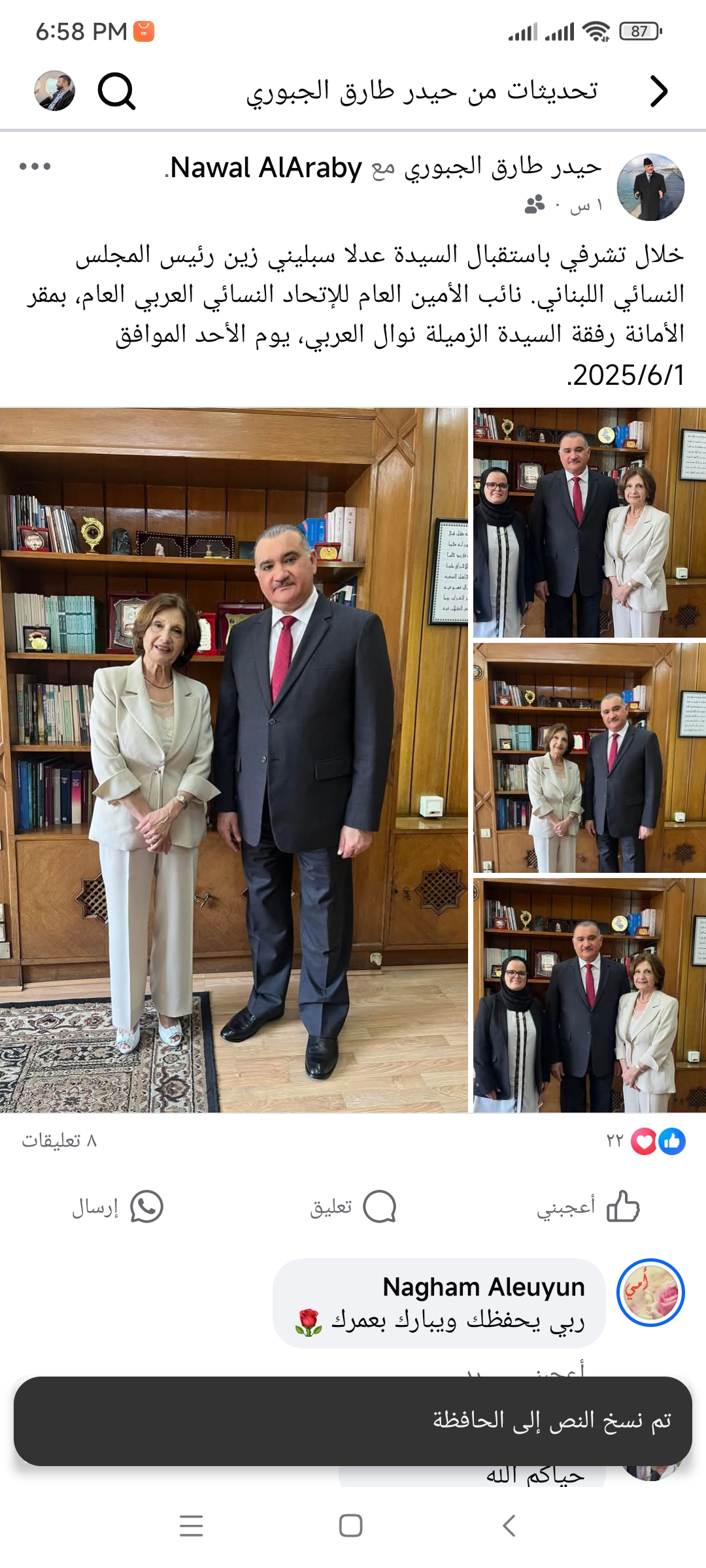 الوزير العراقي المفوض لجامعة الدول العربية د. حيدر طارق الجبوري يستقبل بمكتبه رئيسة المجلس النسائي اللبناني عدلا سبليني..